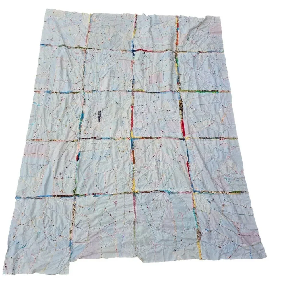 Vintage Crazy Quilt Top 1940s 50s Feedsack Patchwork Hand Embroidery 66x85